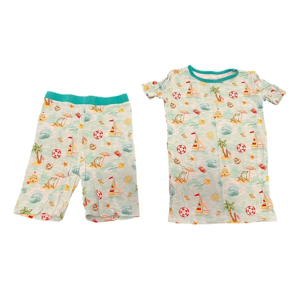 Little‎ Frugals Bamboo Pajamas Set 7/8 Beach Sailboat Print Short Sleeve Teal